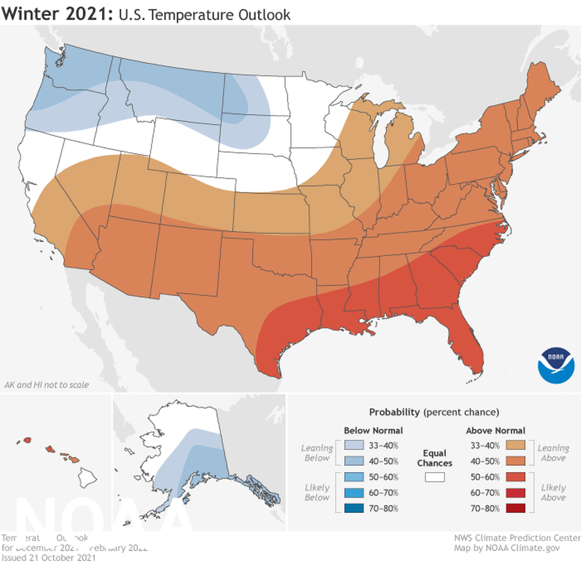 The NOAA’s Winter Outlook map concerning predicted temperatures.