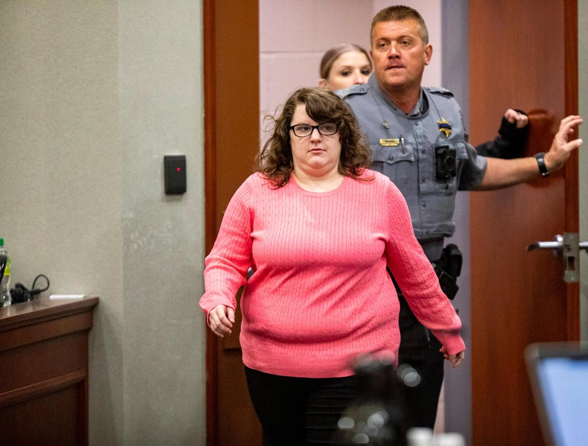 Jordan Hodge enters a courtroom Wednesday morning at the Horry County Courthouse on the second day of proceedings in Hodge’s murder trial with co-defendant Kenneth Carlisle. Hodge and Carlisle, her boyfriend, are charged with two counts of murder in connection to the killing of 45-year-old William “Chet” Clemons and his 64-year-old wife, Linda McAllister.