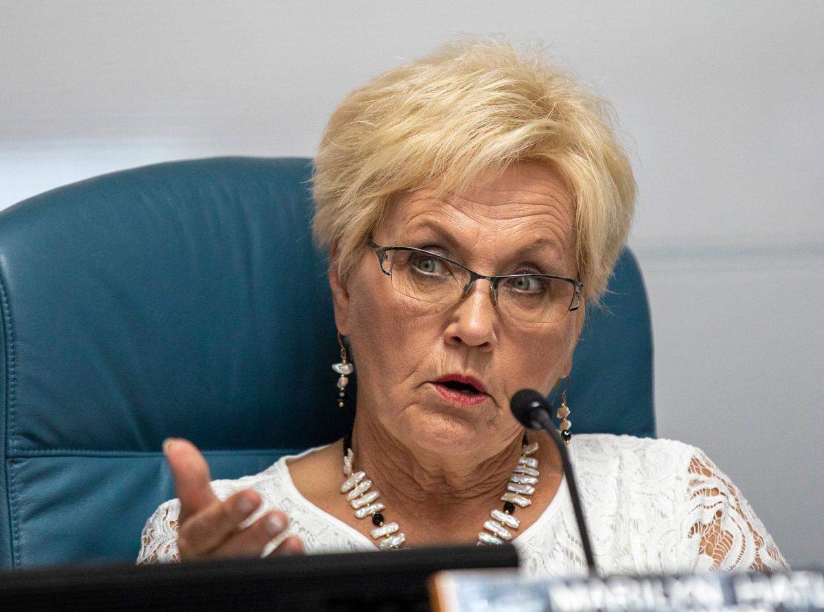 Mayor Marilyn Hatley speaks from between glass shields at a  City of North Myrtle Beach council workshop held on Wednesday. June 10, 2020