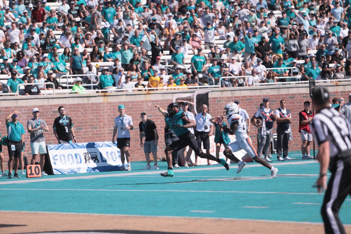 CCU wide receiver Jameson Tucker catches a touchdown from Ethan Vasko in Coastal’s 43-24 loss to the University of Virginia Saturday, Sept. 21, 2024.