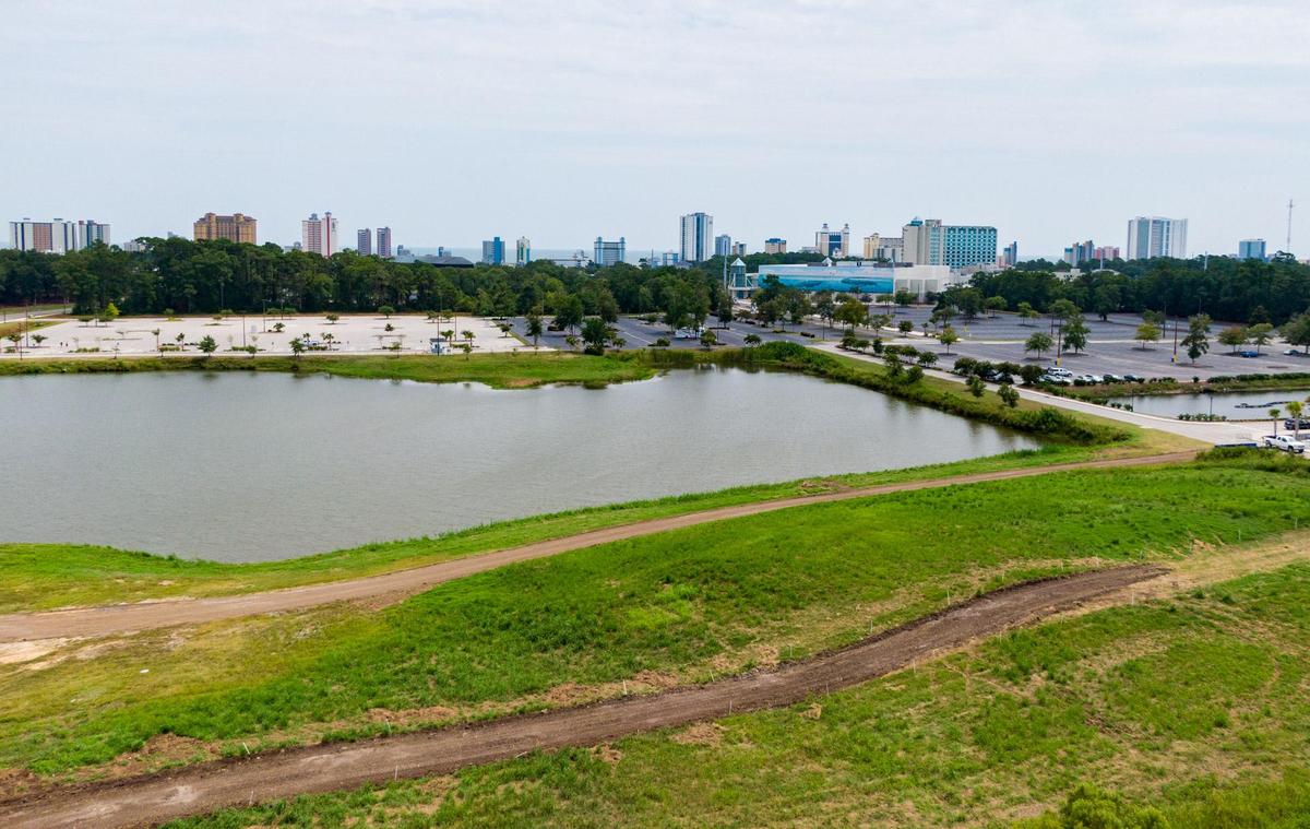A portion of the land of a proposed performing arts center and surf park in Myrtle Beach. American Surf Parks, LLC is proposing to develop a surf and recreation park and an amphitheater site on this city-owned property located behind the Sports Center, east of Grissom Parkway, and south of Burroughs and Chapin Boulevard. The Myrtle Beach Convention Center can be seen in the background.