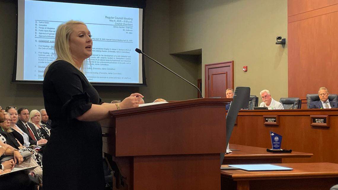 Jennifer Foley addresses Horry County Council on Tuesday, May 6, 2025, asking for leaders to assist in the death of investigation of her brother, Scott Spivey. Spivey was killed in a shootout on Camp Swamp Road in the Longs area in 2023.