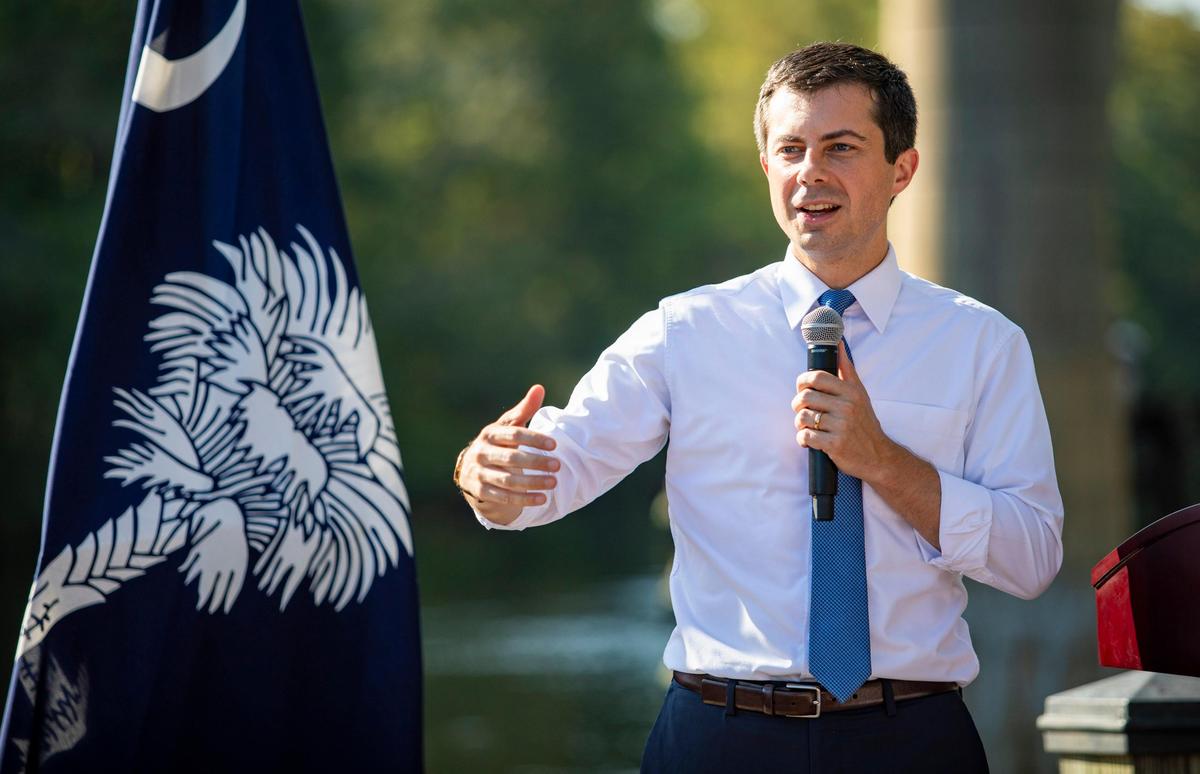 South Bend, Indiana Mayor and 2020 Democratic Presidential Candidate Pete Buttigieg speaks to supporters Tuesday morning along the Conway Riverwalk in Conway, S.C.