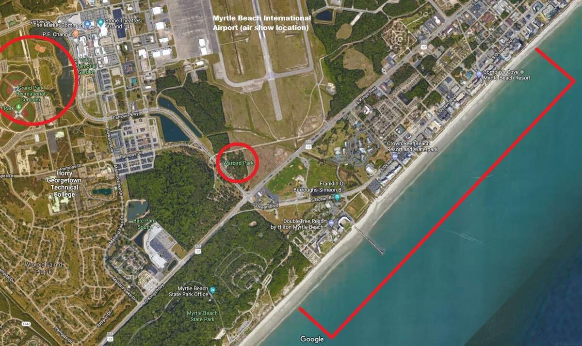 Public areas to watch the Wings Over Myrtle Beach air show. Anywhere on the beach from the Myrtle Beach State Park to 20th Avenue South may provide decent views of the show. The Warbird Park in the Market Common area, along with Grand Park may also be good places to watch the show. -