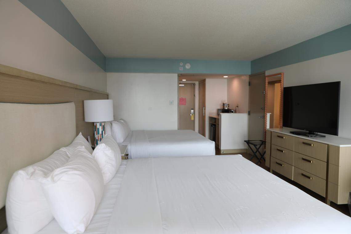 The beds inside a hotel room at The Ellie in the Myrtle Beach area. The hotel was renovated in 2024 and 2025, with a new pool area being constructed and all hotel rooms getting a revamp. The name was also changed to reflect a historic Myrtle Beach figure. July 3, 2025