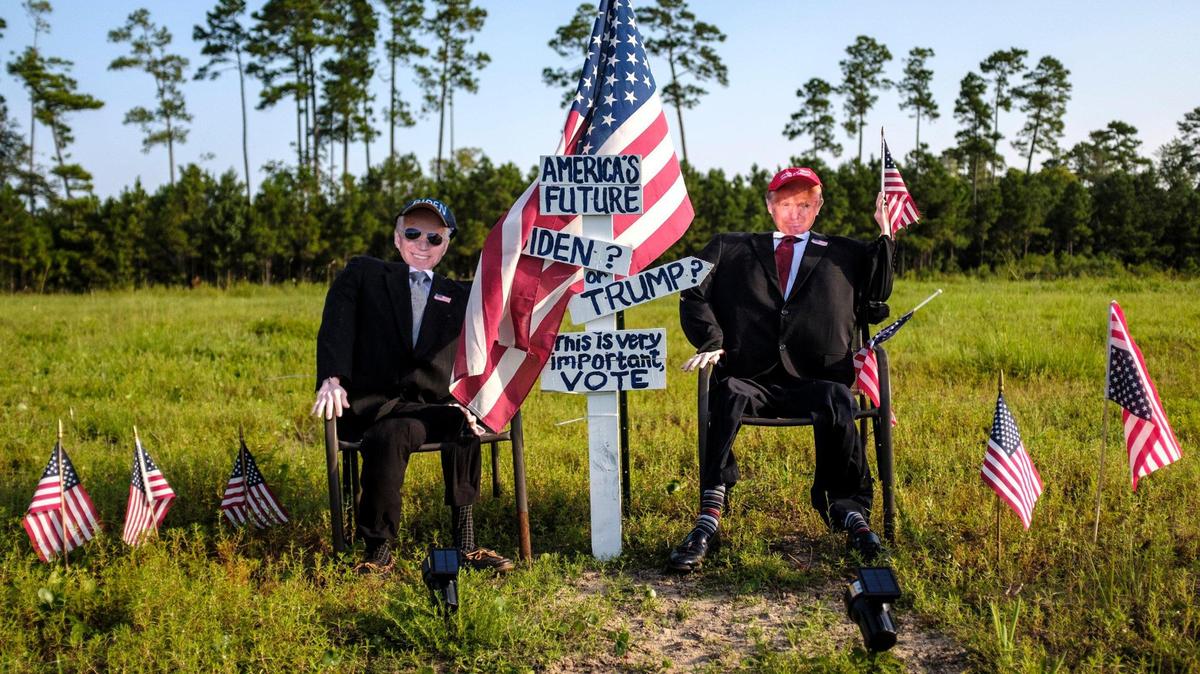 An election display featuring caricatures of President Donald Trump and former Vice President Joe Biden was set up in a field off Highway 90 in Little River, S.C. The same field was used for a mysterious designed Christmas display in 2019. August 26, 2020.