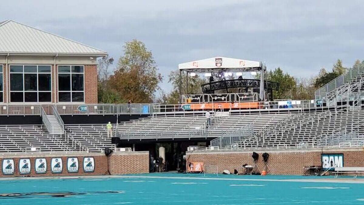 ESPN’s College GameDay set sits in a corner of Brooks Stadium on Dec. 4, 2020. The show will be broadcast Saturday from CCU for the first time.