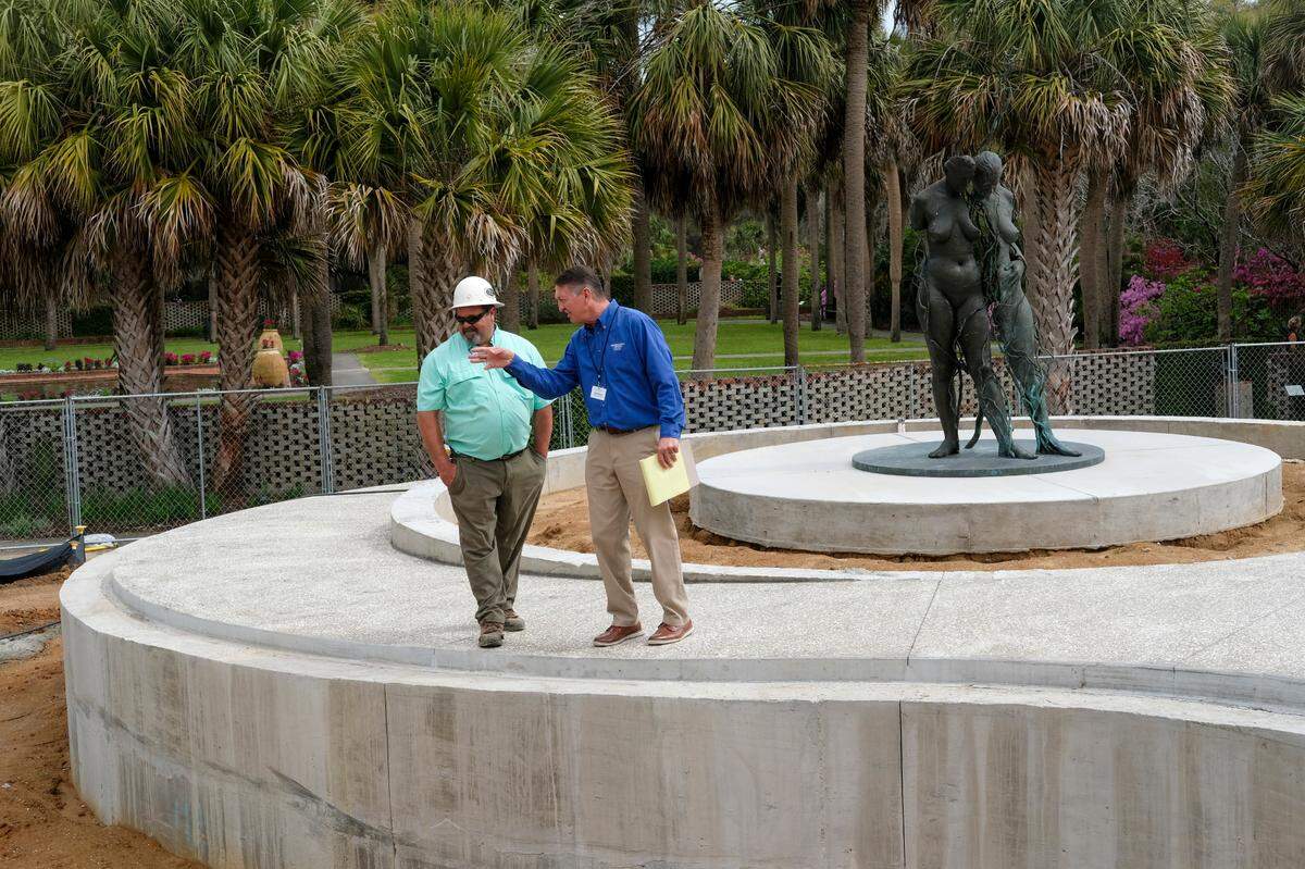 Todd Johnson (right), COO of Brookgreen Gardens, talks with Ralph Camus, superintendent of construction on the Gaia Walk at the new conservatory in Brookgreen Gardens. The Purdy Center, new $17 Million Welcome Center and Conservatory at Brookgreen Gardens in Murrells Inlet, SC is springing up along with the gardens at one of South Carolina’s most popular travel destinations. The new conservatory is designed to serve as a welcome center and event space protected by the weather and will enhance visitor experiences with educational programs. It is expected to be completed by the end of 2025. April 2, 2025.