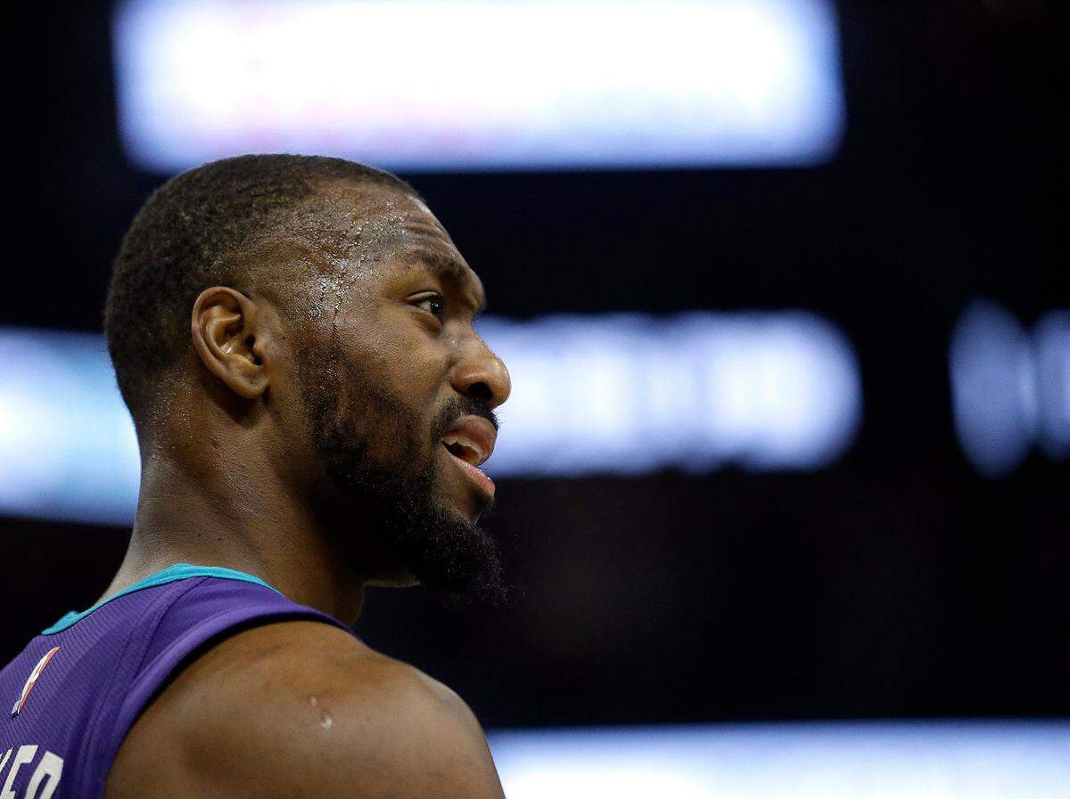 Charlotte Hornets’ Kemba Walker reacts to a call during the second half of an NBA basketball game against the Milwaukee Bucks Saturday, March 9, 2019, in Milwaukee. (AP Photo/Aaron Gash)