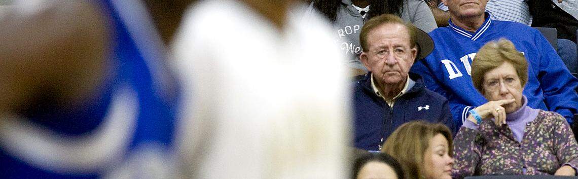 Morgan Wootten and his wife Kathy watch the action of Bishop O’Connell and Hudson Catholic during the 2012 Beach Ball Classic at the Myrtle Beach Convention Center. Wootten coached at DeMatha Catholic High School from 1956 to 2002 and his son Joe is the coach of Bishop O’ Connell (Va.).