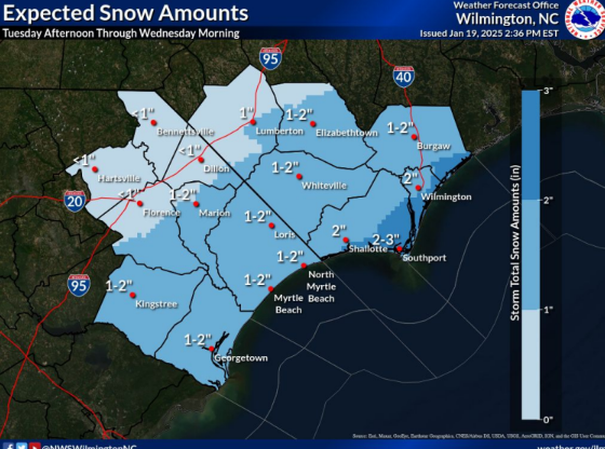 National Weather Service snow prediction map for Jan. 21 and 22, 2025.