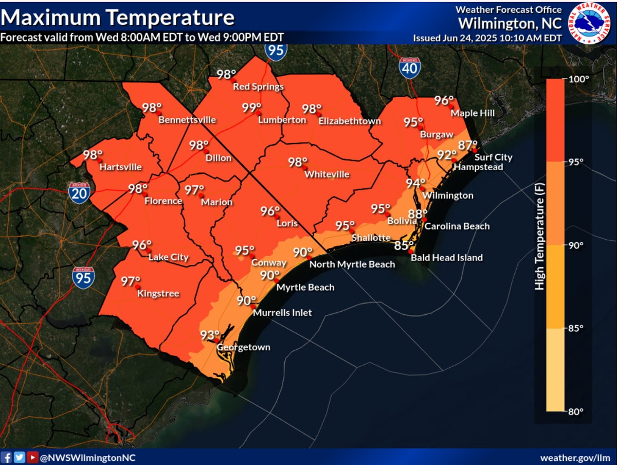 Heat wave forecast for Wednesday, June 24, 2025 from the National Weather Service in Wilmington, NC.