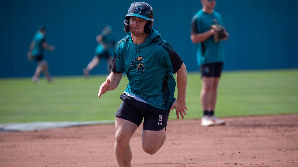 Coastal’s Payton Eels runs bases during practice on Thursday. The Coastal Carolina Chanticleers baseball team practices on Thursday at Spring Brooks Stadium in advance of hosting the fifth NCAA Tournament regional in program history in Conway, S.C. June 1, 2023.