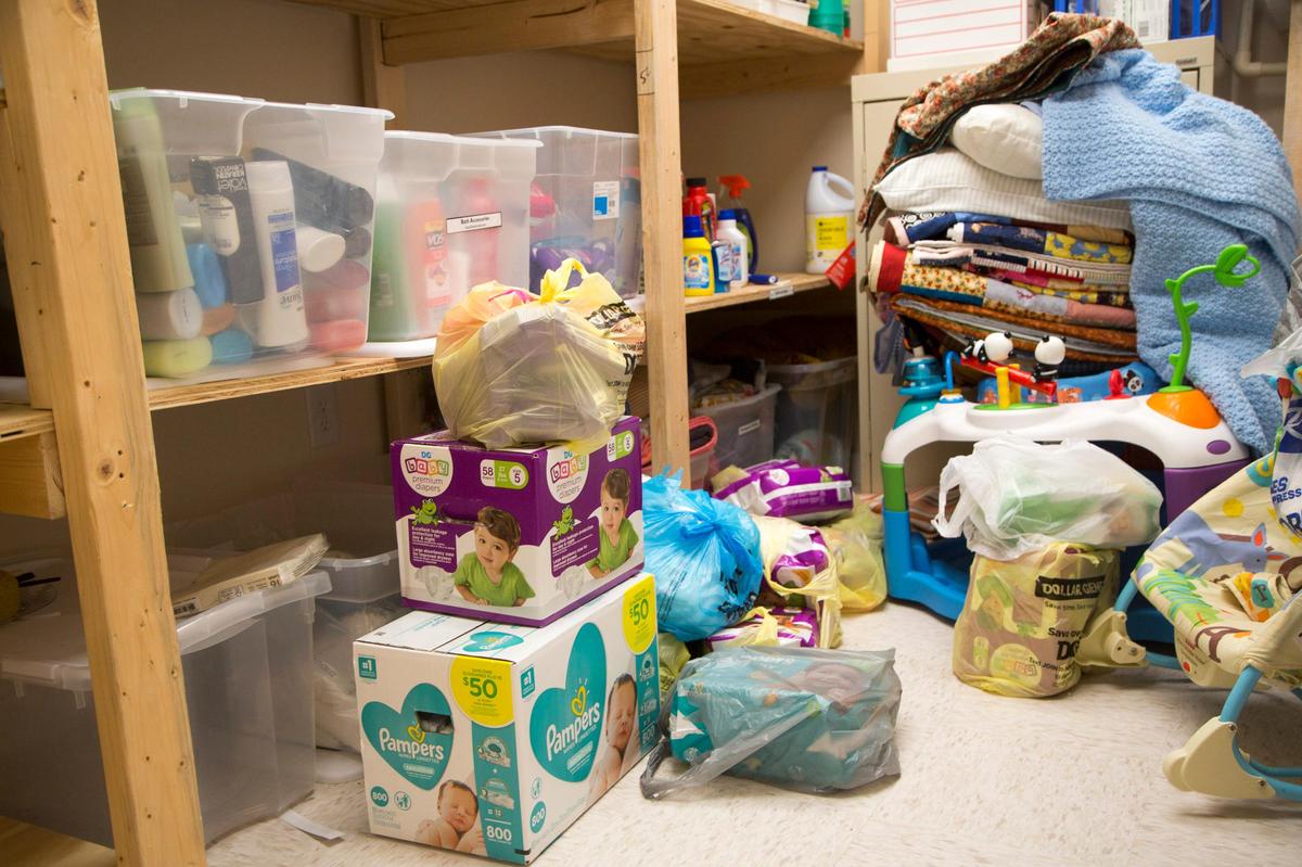 Food, diapers, blankets and other supplies sit inside the client care room on June 6, 2018 at the Family Justice Center of Georgetown and Horry Counties in Georgetown, S.C.