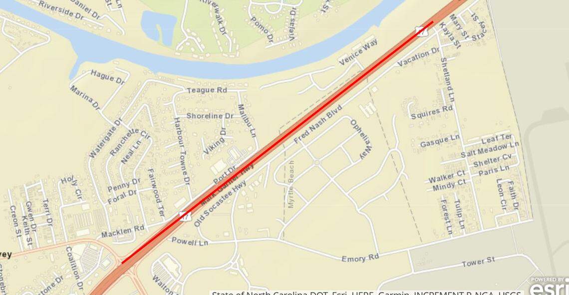 Map of U.S. 17 Bypass widening near Myrtle Beach International Airport
