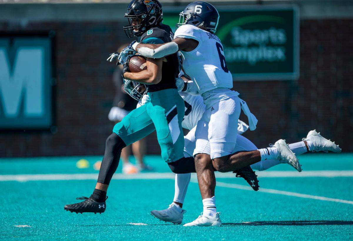 Coastal’s Jaivon Heiligh catches a 54-yard pass against Georgia Southern. Coastal Carolina played its first game as a ranked FBS team against Georgia Southern on Saturday at Brooks Stadium in Conway. October 24, 2020.