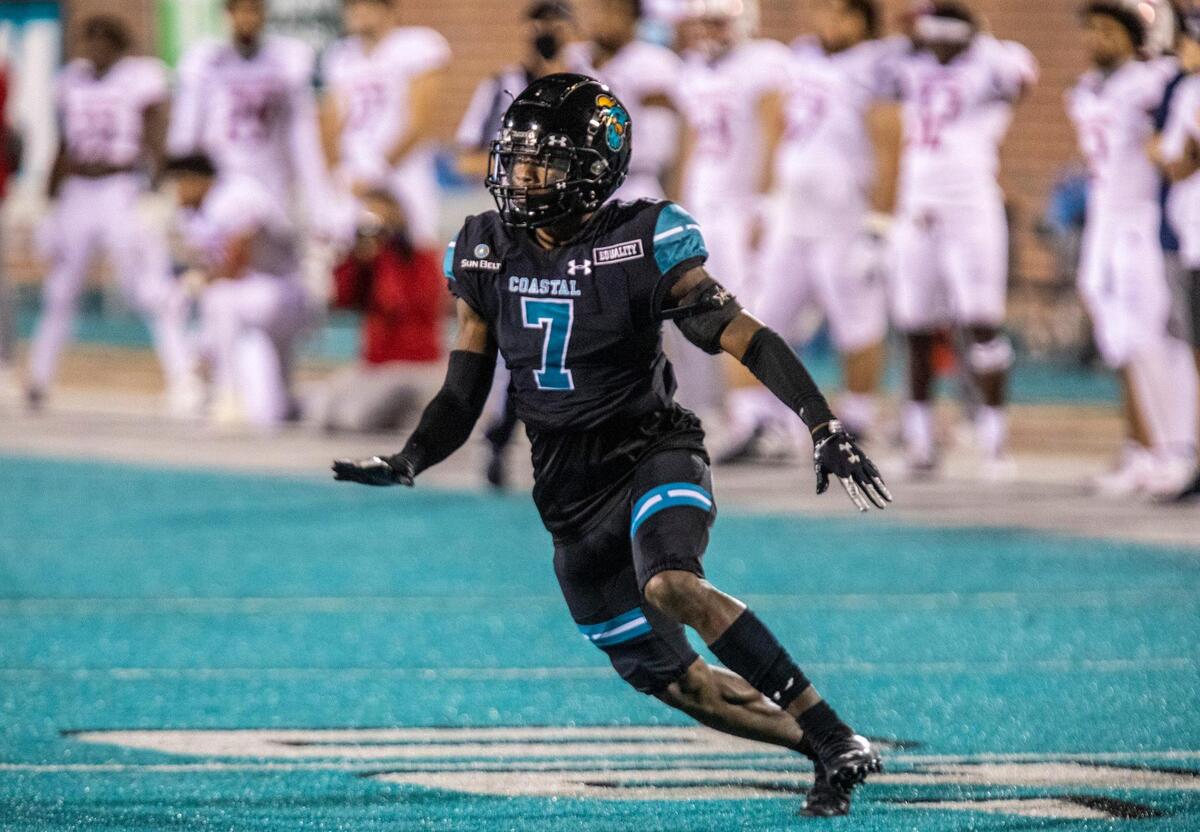 Coastal’s D’Jordan Strong stalks a South Alabama running back on Saturday. Coastal Carolina, ranked No. 15 in this week’s AP Top 25 Poll, played South Alabama on Saturday night in a Sun Belt Conference football game at Brooks Stadium in Conway. November 7, 2020.