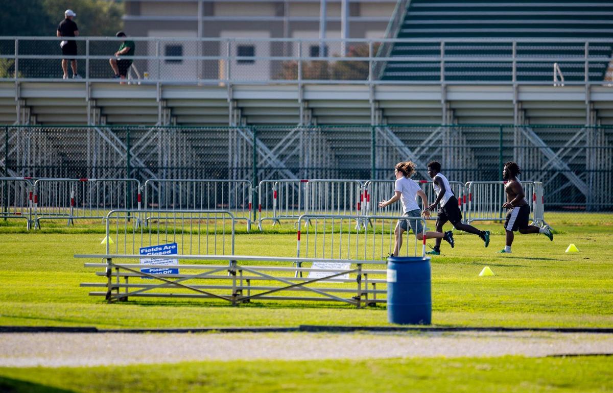 Myrtle Beach football players run drills during the Seahawks’ offseason conditioning program at Doug Shaw Memorial Stadium Monday morning amidst the ongoing coronavirus pandemic.