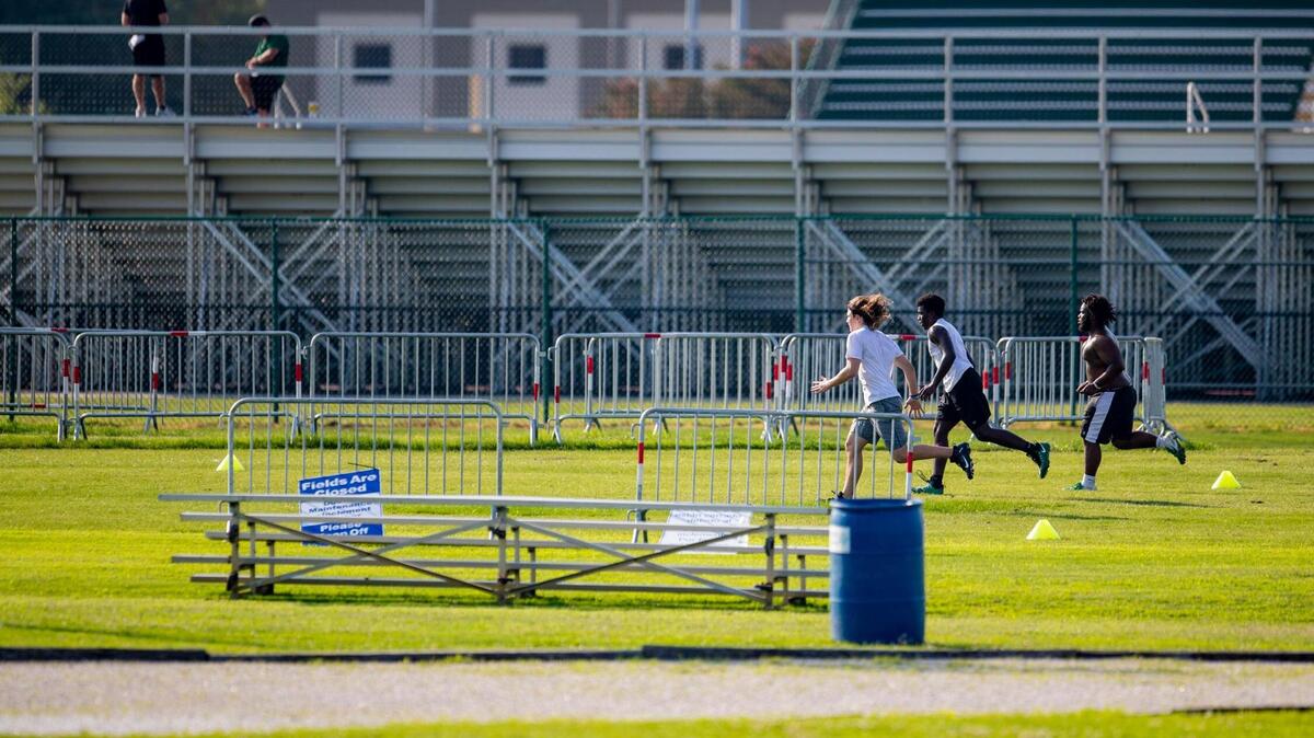 Myrtle Beach football players run drills during the Seahawks’ offseason conditioning program at Doug Shaw Memorial Stadium.