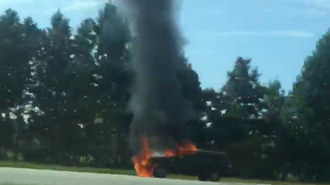 The vehicle on fire on Highway 31 in North Myrtle Beach.