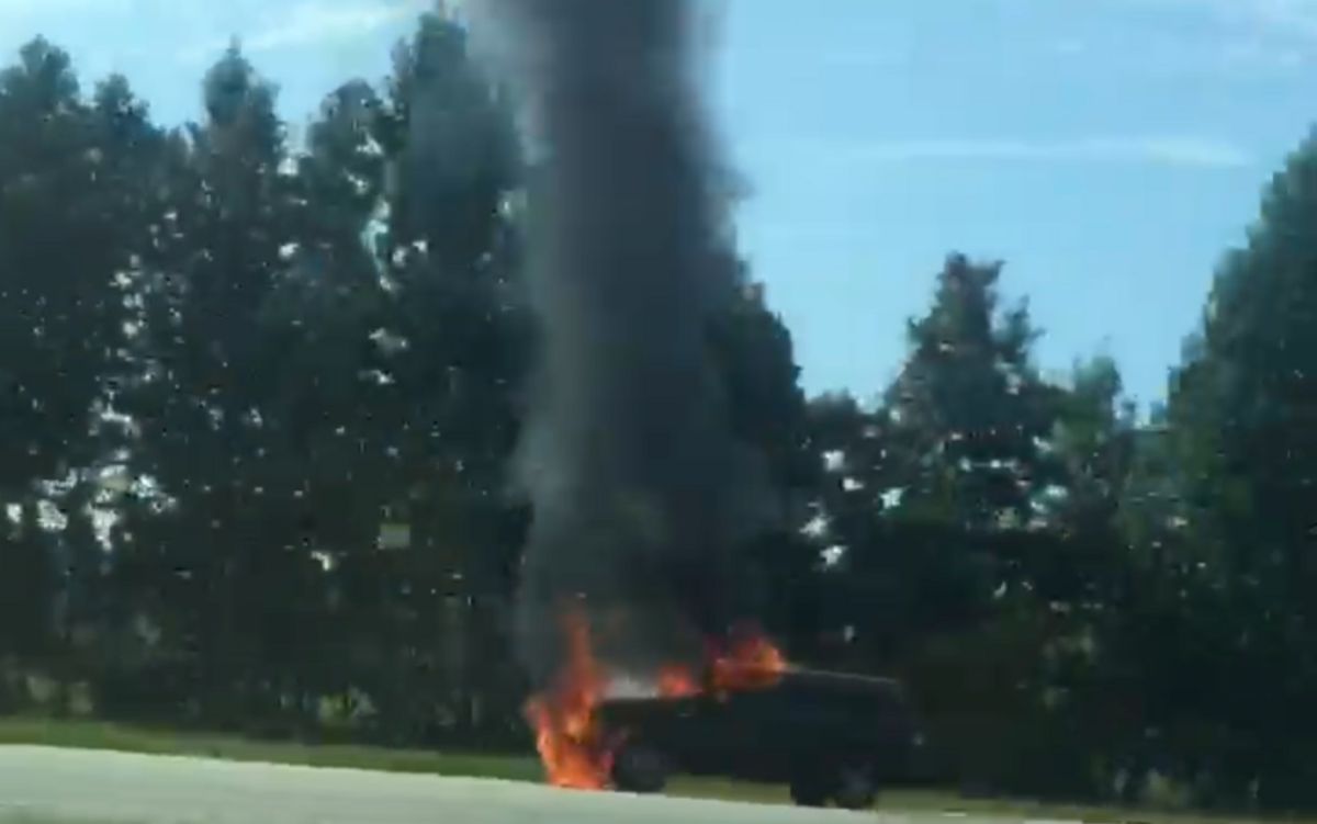 The vehicle on fire on Highway 31 in North Myrtle Beach.