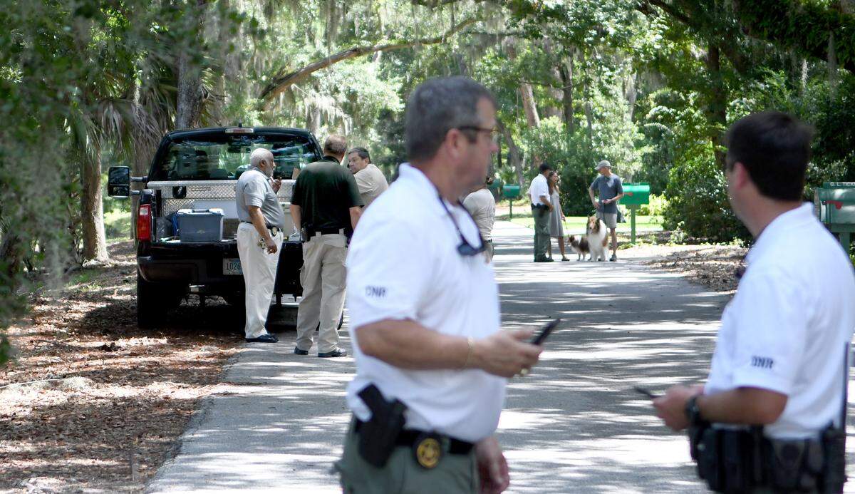 Beaufort County coroner Ed Allen, back left, talks with law enforcement with S.C. Department of Natural Resources as other officers stand along Governors Lane on Monday where Cassandra Cline, 45, was drug into a lagoon by an alligator and killed while trying to save her dog. The alligator believed responsible for the attack was captured near the 13th green of the Sea Pines Country Club course on Hilton Head Island and euthanized. Allen said the deceased would be examined at the Medical University of South Carolina to determine a cause of death.
