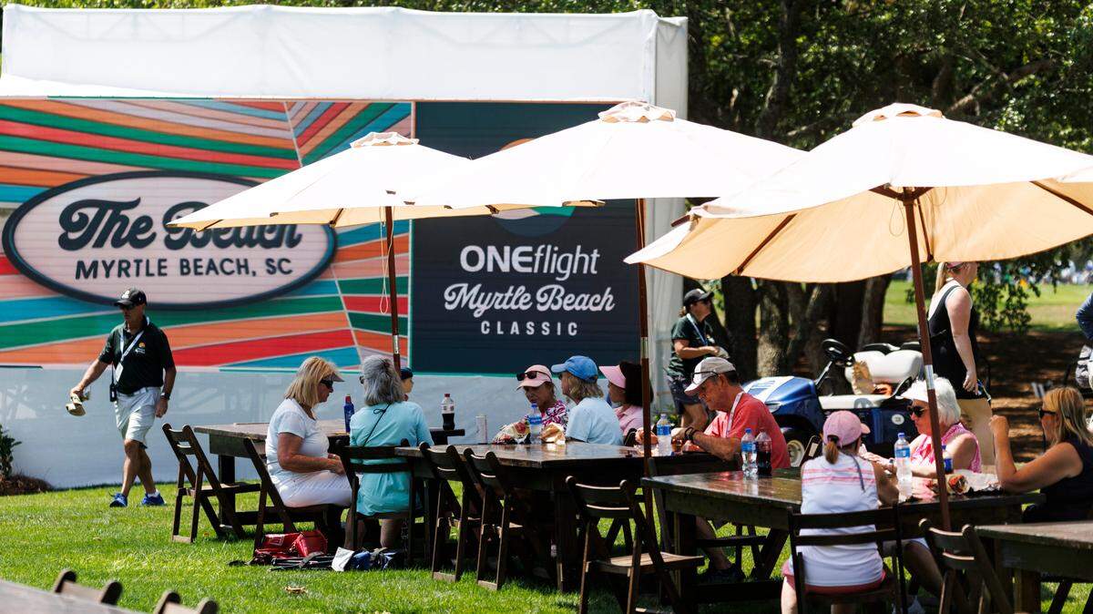 Vendors are set up in the Fan Zone at the Myrtle Beach Classic. Celebrities tee off at the 2025 ONEflight Myrtle Beach Classic Celebrity Pro-Am tournament on Wednesday at the Dunes Golf and Beach Club in Myrtle Beach. More than twenty celebrities including Kurt Russell, Kevin Costner and Vanna White. The full tournament is being played Thursday through Sunday in Myrtle Beach, SC. May 7, 2025.