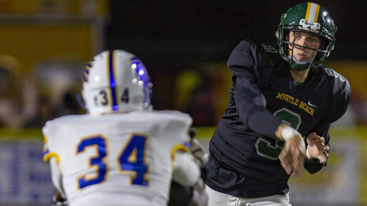 Myrtle Beach Seahawks junior quarterback Luke Doty throws a pass against the North Myrtle Beach Chiefs Thursday night at Doug Shaw Memorial Stadium. Myrtle Beach won 17-14 to remain undefeated.