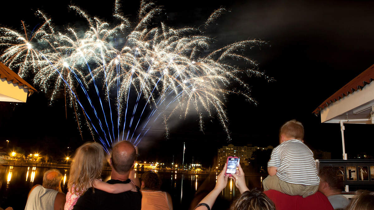 Families line the railings surrounding Barefoot Lake to watch the fireworks display. Those watching July 4 fireworks this year can expect busy roads before and after the shows. Photo by Matt Silfer for The Sun News.