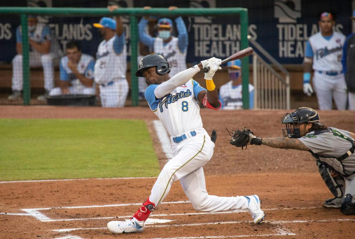 Myrtle Beach Pelican Ed Howard with a big swing during the first inning of the Pelican’s home opener. The Myrtle Beach Pelicans played their first home game of the 2021 season Tuesday night against the Augusta Green Jackets. The Chicago Cubs Low Class A affiliate did not play in 2020 because of the coronavirus.. May 11, 2021.