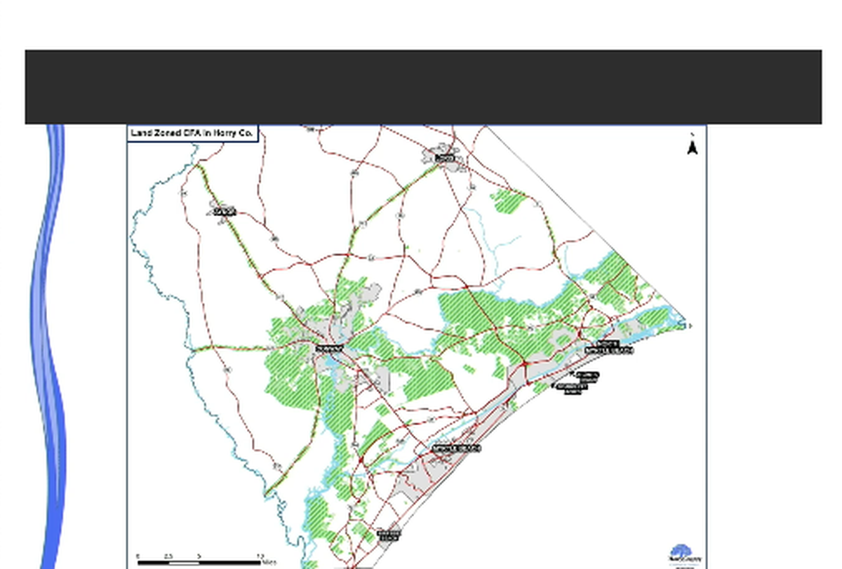 A map prepared by Horry County planners shows current locations of Commercial Forest Agriculture zoning.