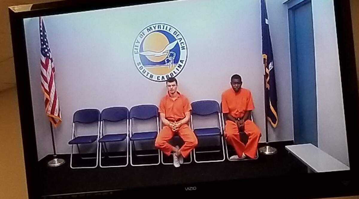 Earl Rafel Gaddis, Jr. (left) and Terence Isacc Blackwell (right) make an initial appearance in Myrtle Beach Municipal Court after being charged with murder for the killing of Sylvester Bellamy on Thursday, June 7, 2018.