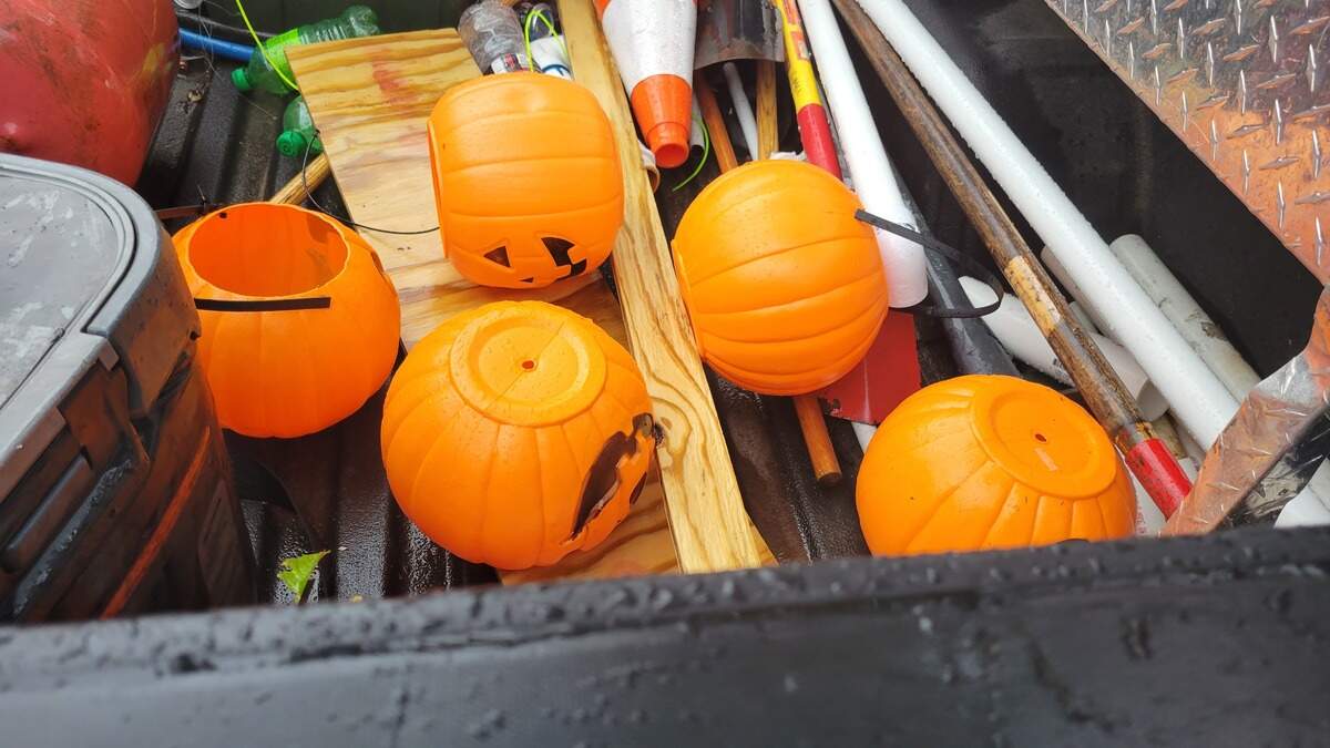 Downtown Conway’s Halloween theme meant a growing number of plastic jack-o-lanterns strung through treep canopies were whipped out of place by winds from Hurricane Ian, ending up in the back of public works vehicles like this one on Sept. 30, 2022.
