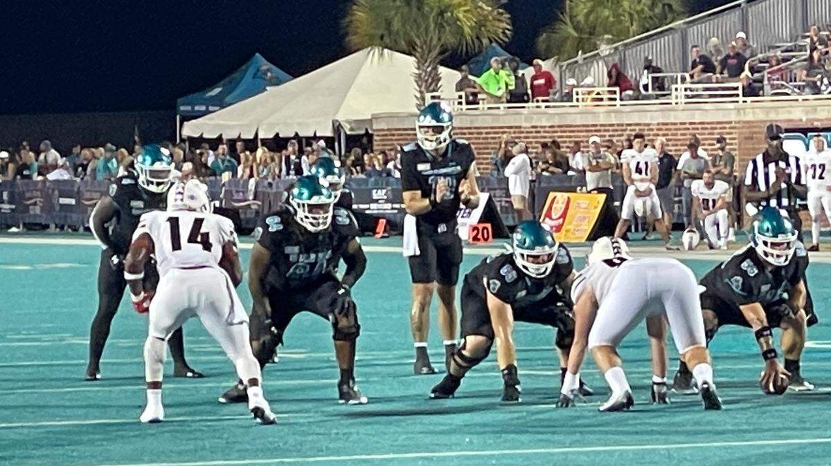 Coastal Carolina quarterback Grayson McCall under center vs. the Duquesne University Dukes Saturday, Sept. 16. The Chants never relinquished the lead and secured multiple turnovers in the win.