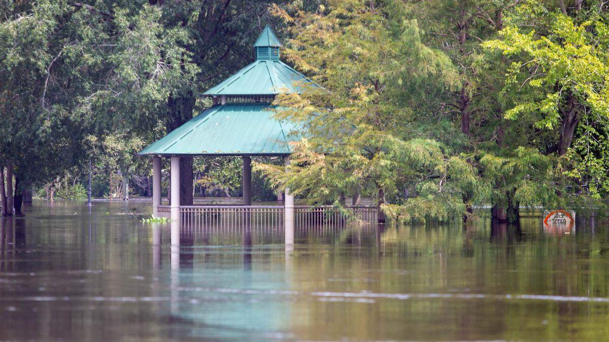 The Conway Riverwalk gazebo sits nearly submerged on Monday. The COnway area is already experiencing flooding Monday after Tropical Depression Florence.
