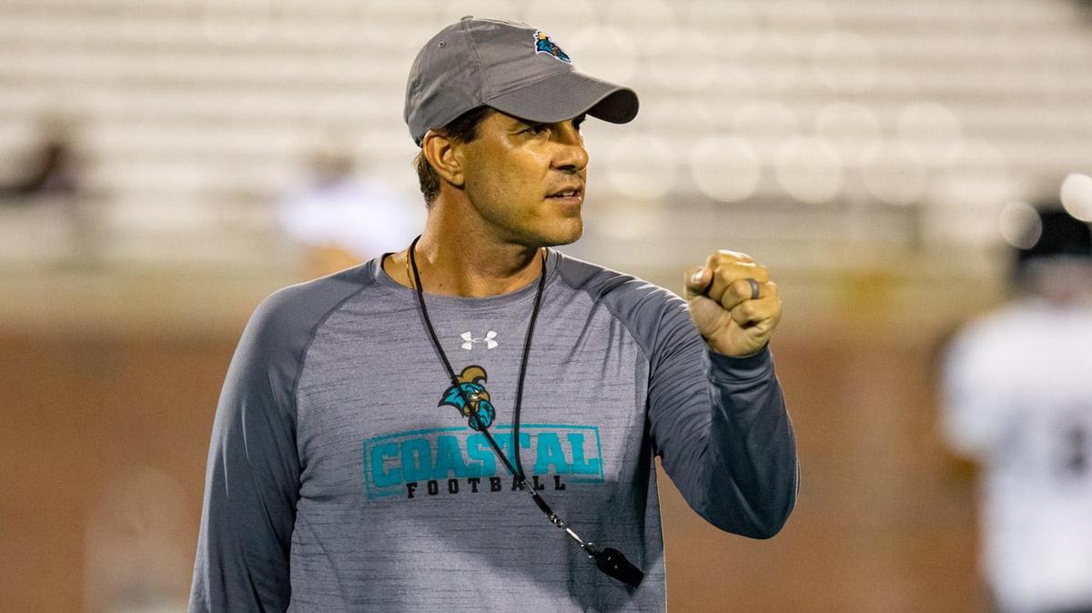 Coastal Carolina head coach Jamey Chadwell reacts to a play during practice Friday evening at Brooks Stadium in Conway.