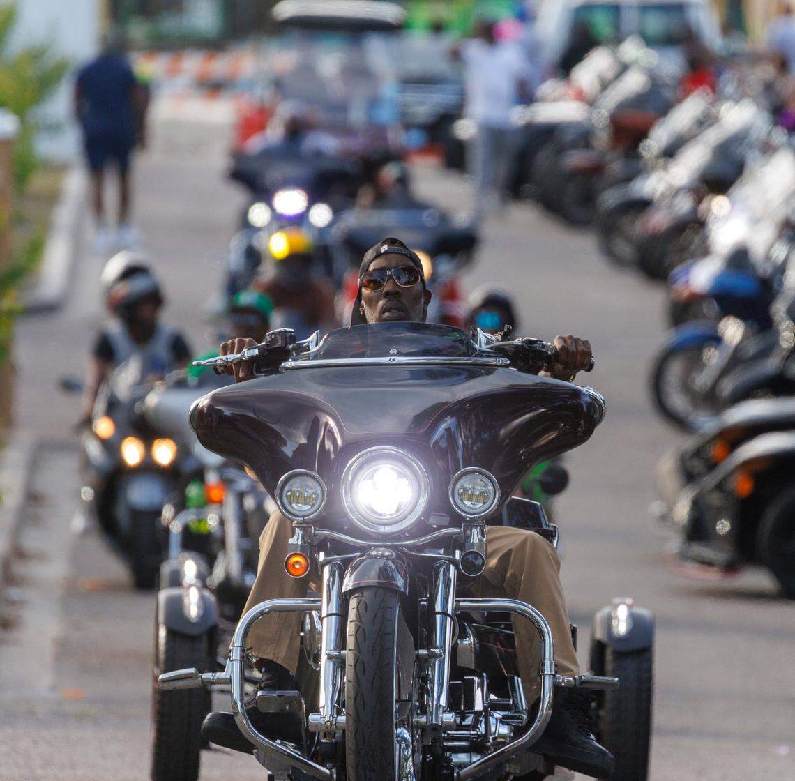 Bikers ride into Atlantic Beach for The Atlantic Beach Black Pearl Cultural Heritage and Bike Festival. May 23, 2025.