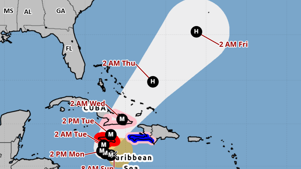 The projected path for Hurricane Melissa as of the morning of Sunday, Oct. 26, 2025. The storm is expected to keep its distance from Myrtle Beach area storms, though it may bring some higher rip current risks next weekend.