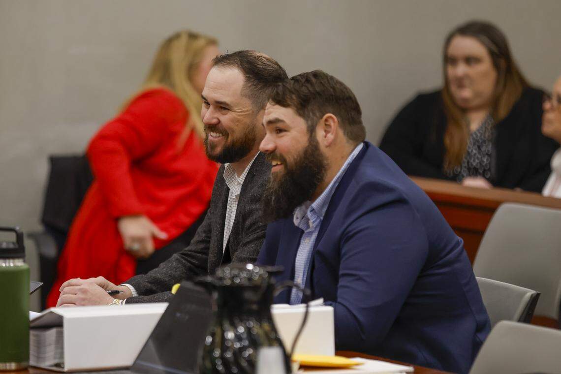 Weldon Boyd, left, and  Kenneth “Bradley” Williams talk prior to Day 2 of their ‘stand your ground’ hearing in an Horry County courtroom on Tuesday. The hearing is related to a wrongful death lawsuit filed by the family of Scott Spivey. The hearing, to be held over multiple days this week, will determine whether they will once again be granted immunity under South Carolina’s Stand Your Ground law for shooting and killing a North Carolina man nearly three years ago.