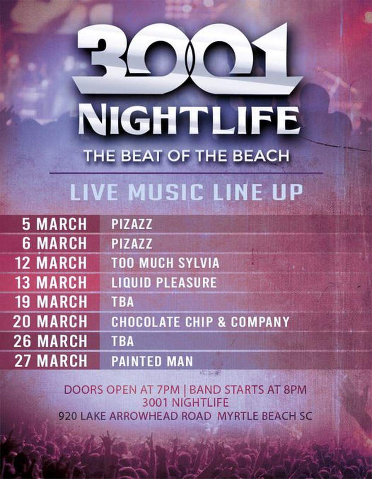 A post on the 3001 Nightlife Facebook page lists the upcoming live music at the venue, which will reopen March 5.