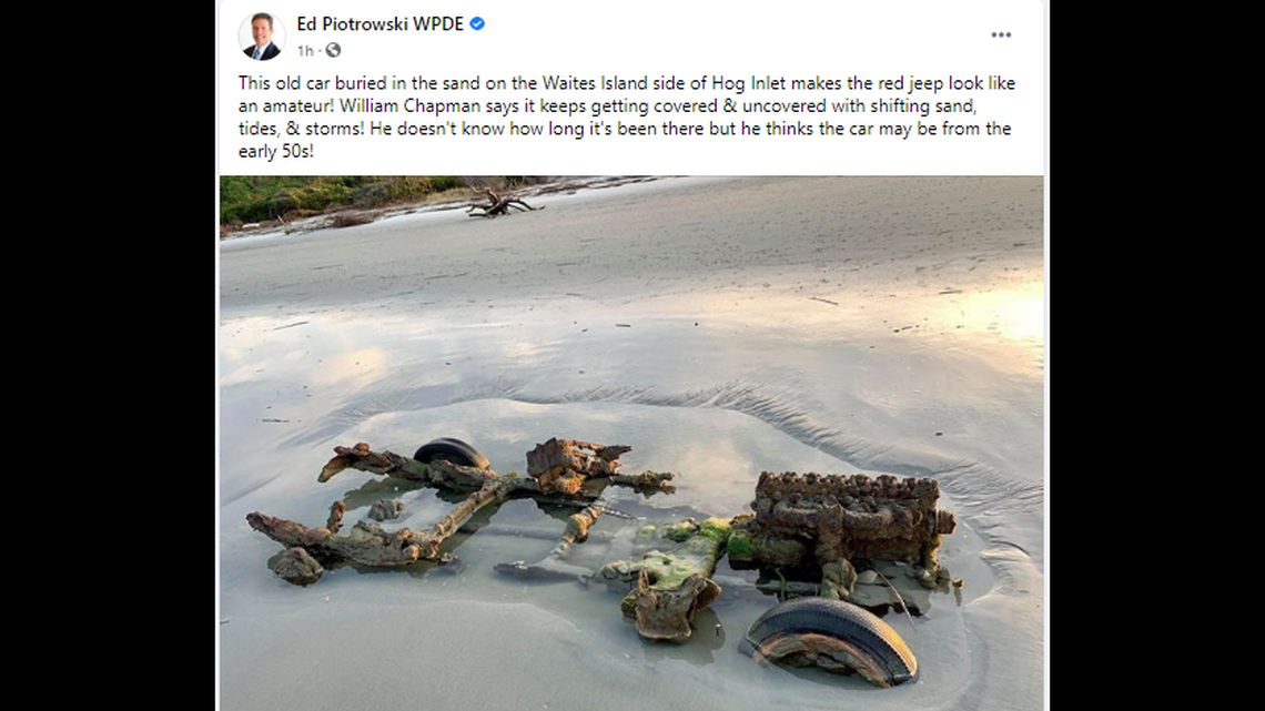 This old car is buried in the sand on the Waites Island in South Carolina, north of Myrtle Beach. Some believe it has been stuck there since the 1950s.