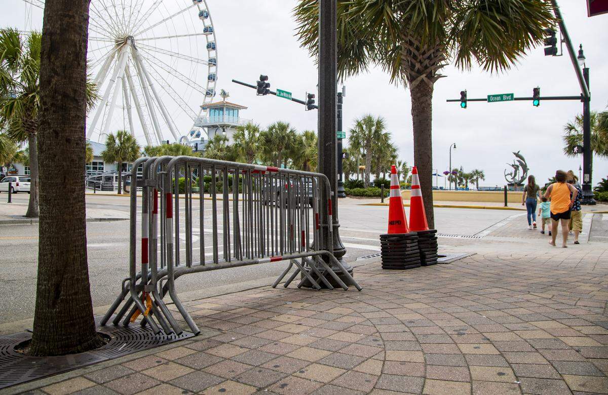 Barricades sit at the corner of Mr. Joe White Avenue and Ocean Boulevard in Myrtle Beach Tuesday afternoon, in preparation for Memorial Day weekend after a shooting erupted in downtown Myrtle Beach on Sunday. Several people were injured after gunshots caused fear and commotion along Myrtle Beach’s most popular tourists stretch Sunday evening. At least one person was shot in the back, according to a witness and police radio traffic.