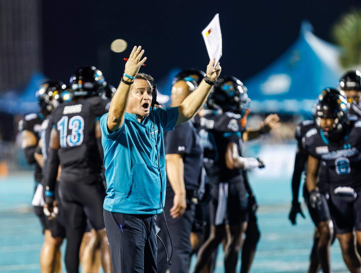 Coastal’s Head Coach Tim Beck calls for crowd support against App State. The Coastal Carolina Chanticleers beat the Appalachian State Mountaineers 38-24 in front of the second-biggest Brooks Stadium crowd of the season on Thursday night. November 7, 2024.