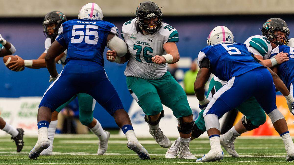 Coastal Carolina sophomore right guard Brock Hoffman (76) entered the NCAA Transfer Portal and has reportedly signed with Virginia Tech.