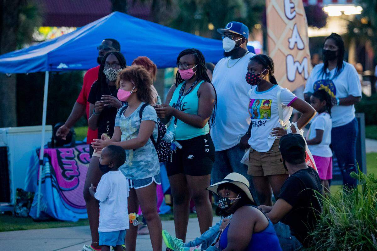 Crowds gather in Plyler Park along Ocean Boulevard in Myrtle Beach Friday afternoon to watch street performers dance as the coronavirus pandemic continues to spread, and Hurricane Isaias approaches the South Carolina coast.