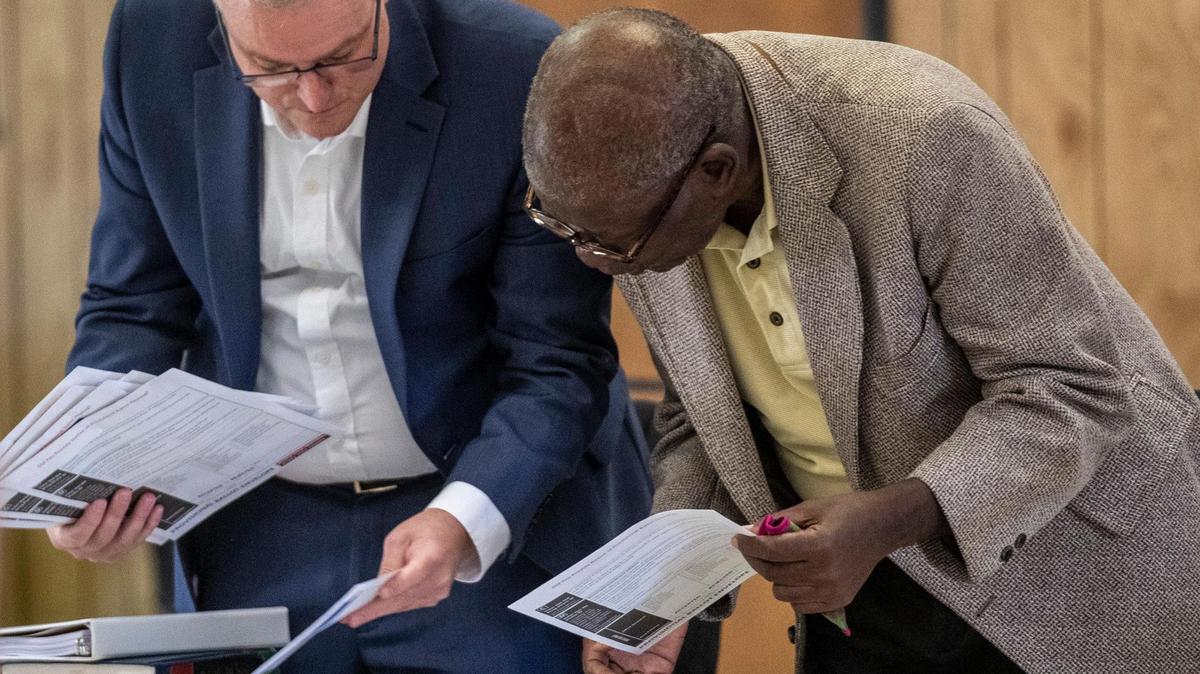 Michael R. Burchstead, (left), an attorney, along with Atlantic Beach Election Committee Chairman Joe Montgomery check ballots on Thursday.. The Atlantic Beach Election Commission reviewed 18 challenged ballots from the SC town’s Nov. 7 mayoral and town council election and all were accepted as legitimate. The commission will hold a recount Friday and likely a runoff election, according to Chairman Joe Montgomery. Nov. 9, 2023.