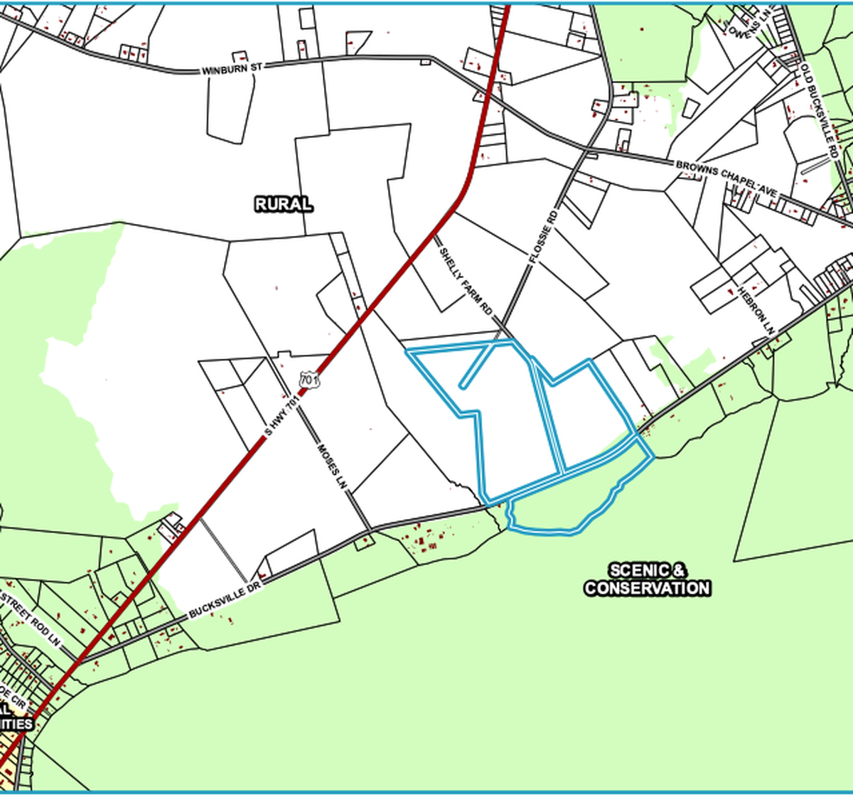 A map showing the zoning surrounding a planned 385-home subdivision planned for the Bucksville community along S.C. 701 in Horry County.