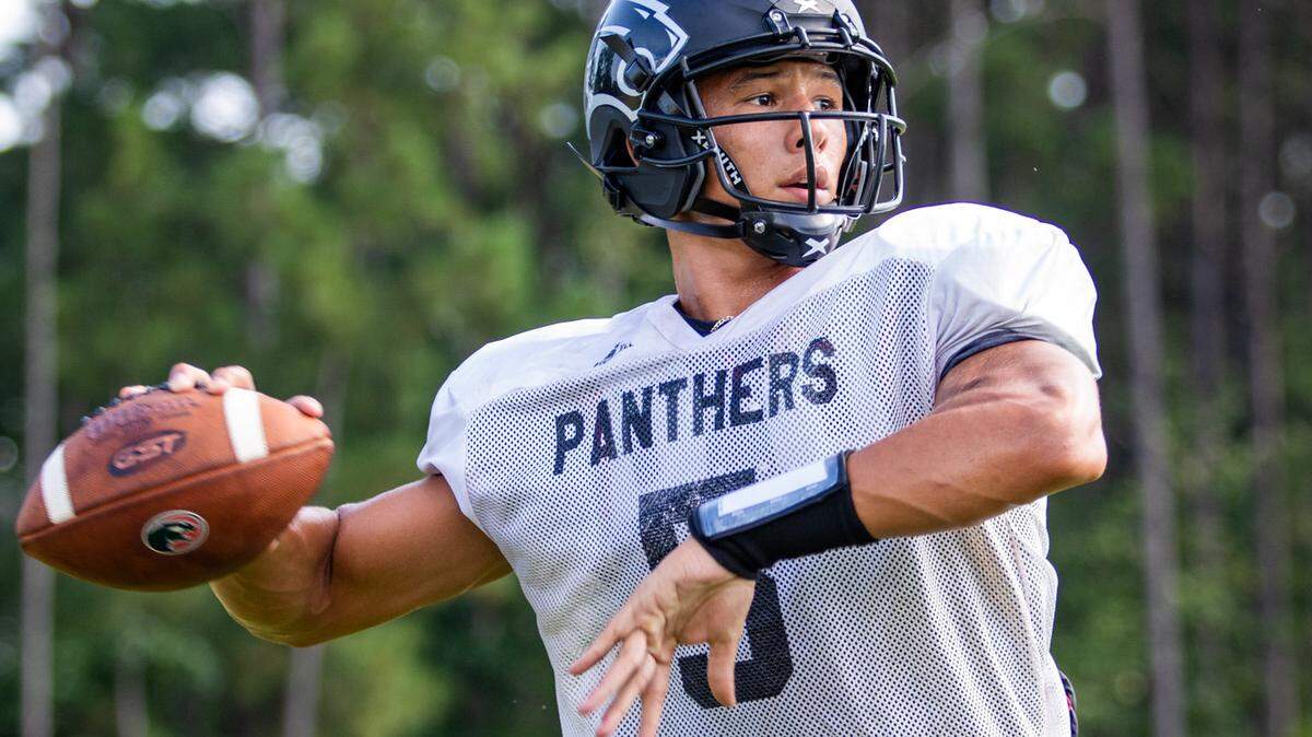 Carolina Forest senior quarterback Mason Garcia drops back to pass during football practice at Carolina Forest High School Friday afternoon.