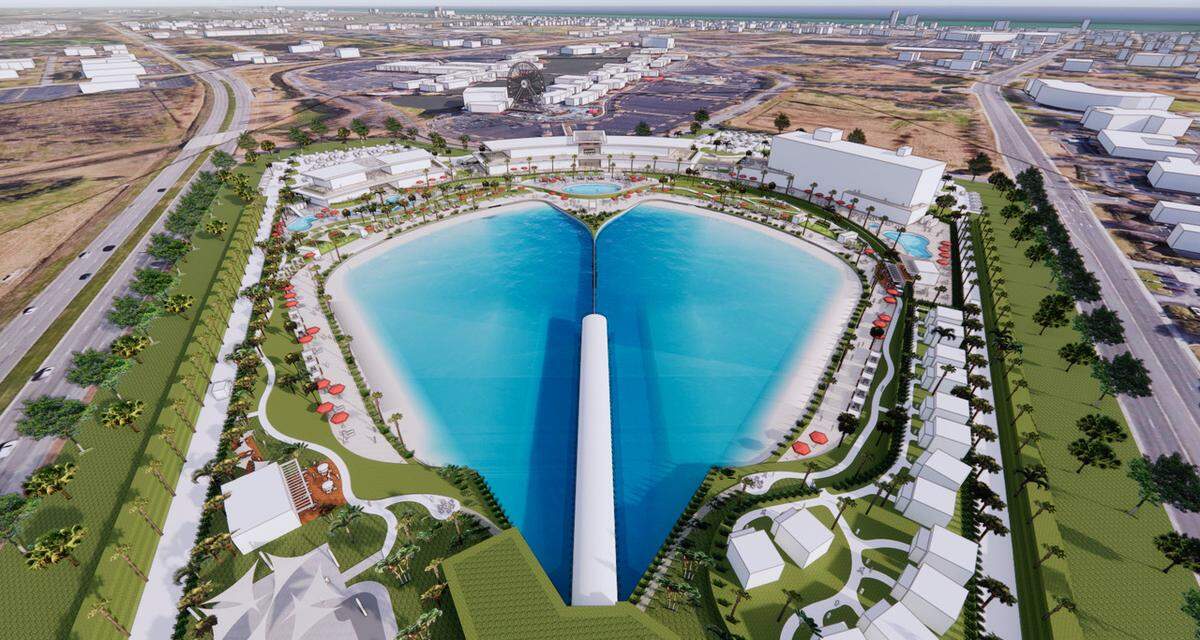 A rendering of an unnamed surf park resort that developers are planning to build on a 28-acre tract at Broadway at the Beach in Myrtle Beach at the corner of Highway 17 and 21st Avenue North.