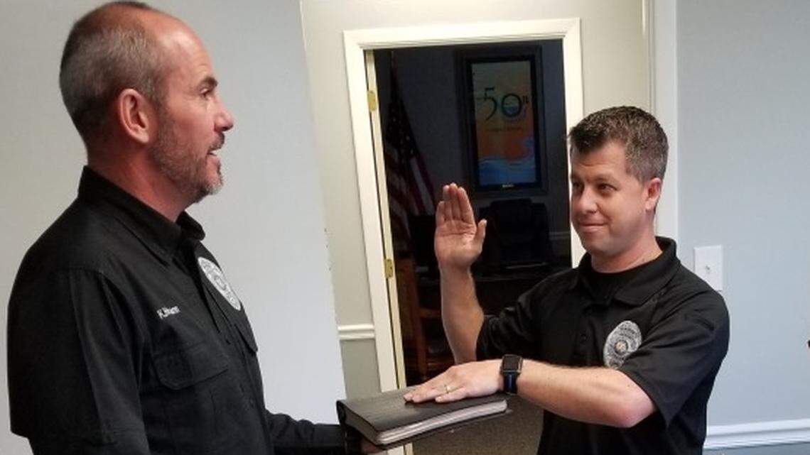 Former Surfside Beach Police Sgt. Kyle Lundgren is sworn into office in December 2020. Lundgren was initially terminated for misconduct and then allowed to resign in August 2022.
